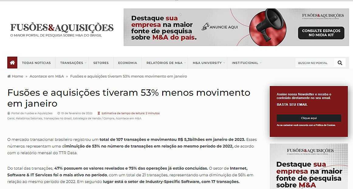 Fuses e aquisies tiveram 53% menos movimento em janeiro